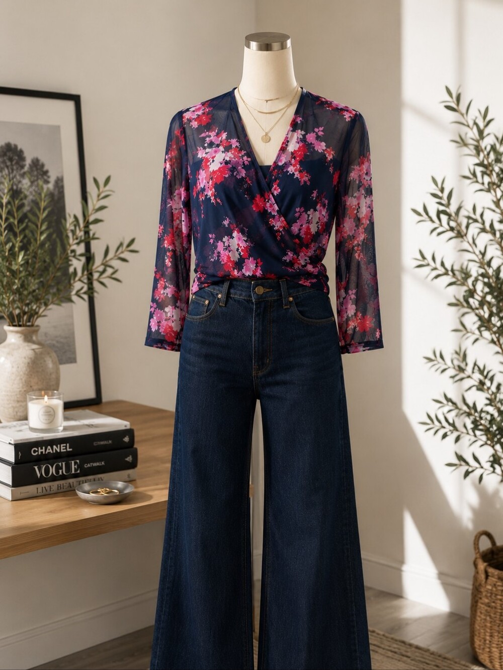 Tahari Sheer Floral Faux Wrap Mesh Blouse Pink Navy 3/4 Sleeve Size Small